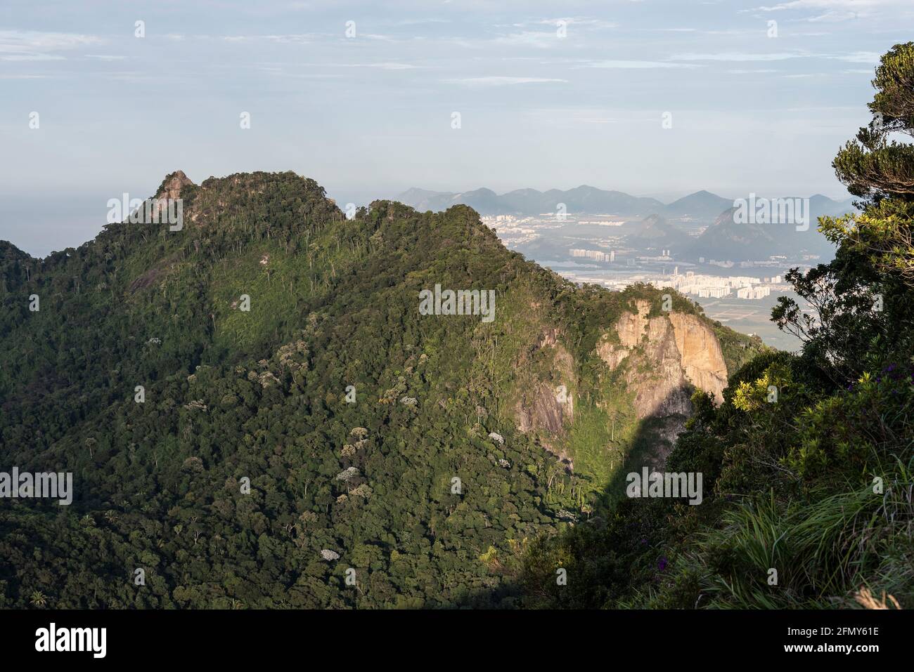 Beautiful view to green rainforest mountain and rocky peak Stock Photo