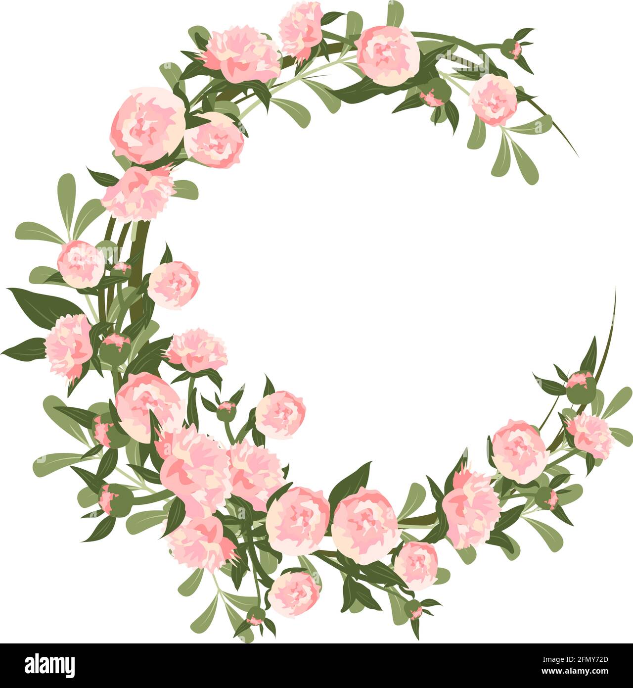 A Wreath Of Peonies Round Frame Pink Cute Flowers And Leaves Spring Pink Blooming Composition With Buds Holiday Decorations For Wedding Holiday Stock Vector Image Art Alamy