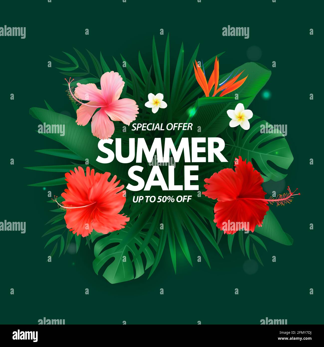 Summer sale poster. Natural Background with Tropical Palm and Monstera ...