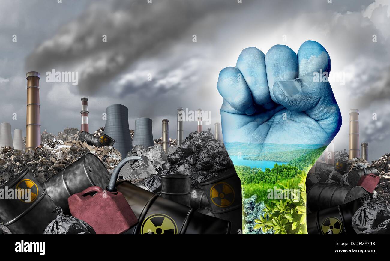 Ecological social justice environmental concept as a fist-fighting for the environment and climate change equal rights or conservation society. Stock Photo