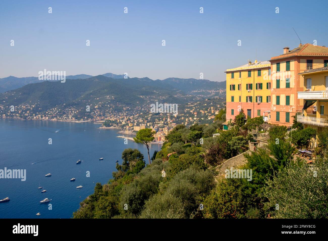 View of the Ligurian coastline near Camogli. Bright coloured houses are in the foreground. Stock Photo
