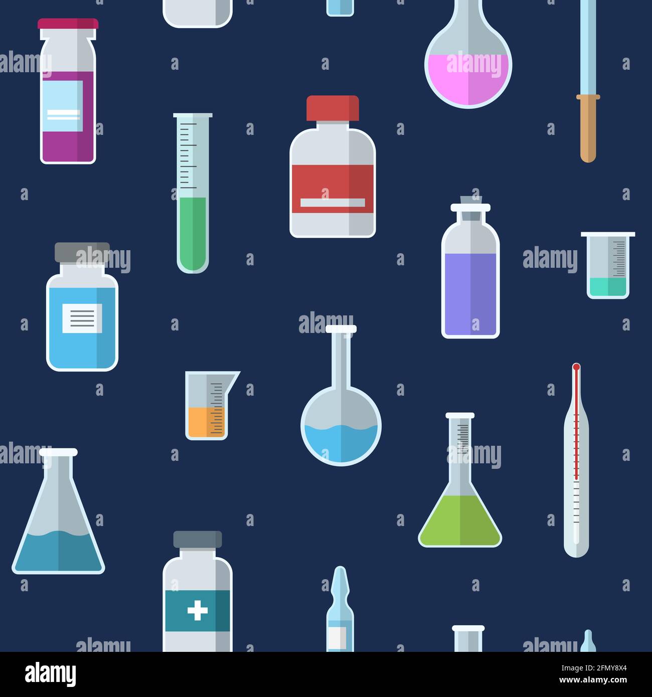 Seamless pattern with vials, test tubes, pipette, ampule, thermometer ...