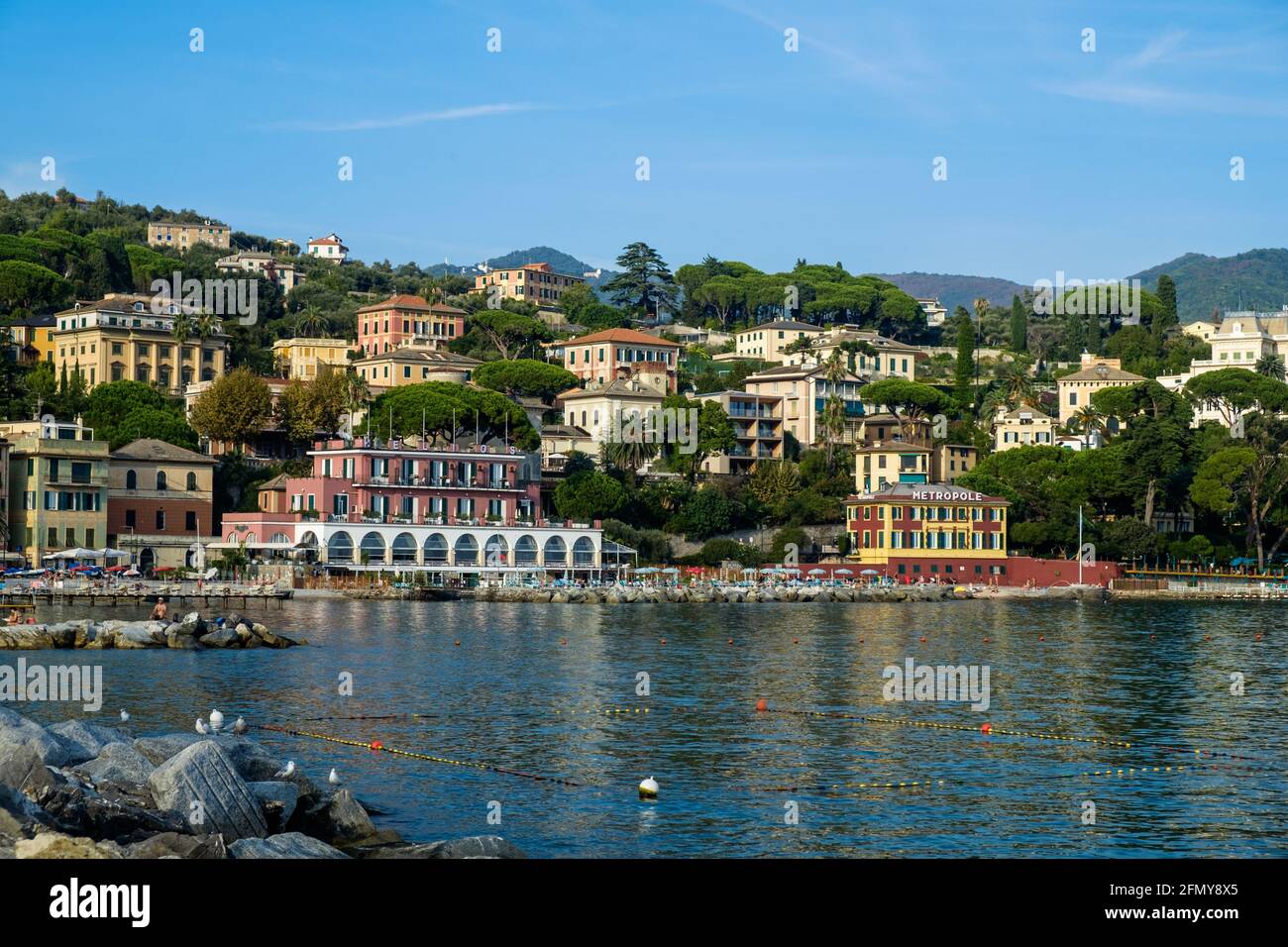 Coastline of Santa Margerita Ligure, an Italian town known for its elegant buildings. Stock Photo