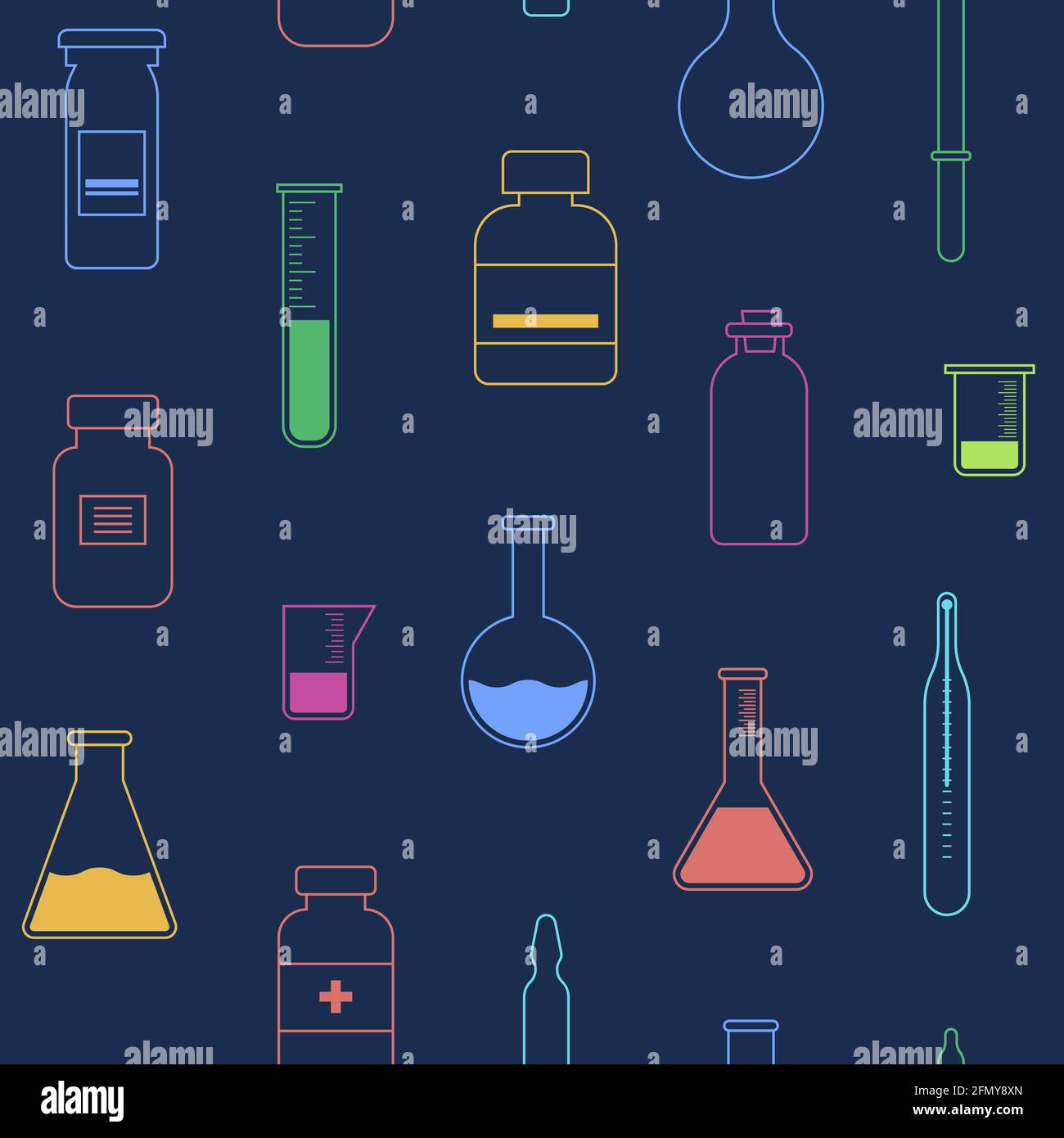 Seamless pattern with vials, test tubes, pipette, ampule, thermometer ...