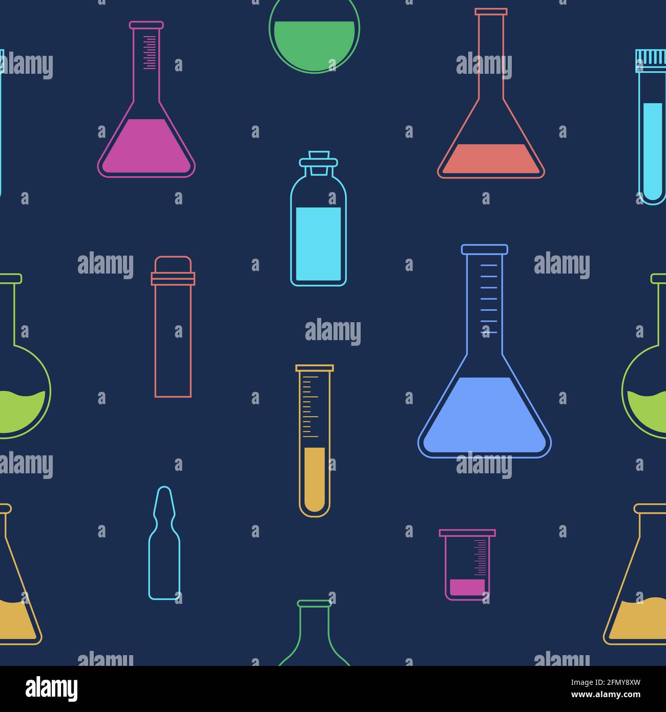Seamless pattern with vials, test tubes, ampule. Icons, isolated on