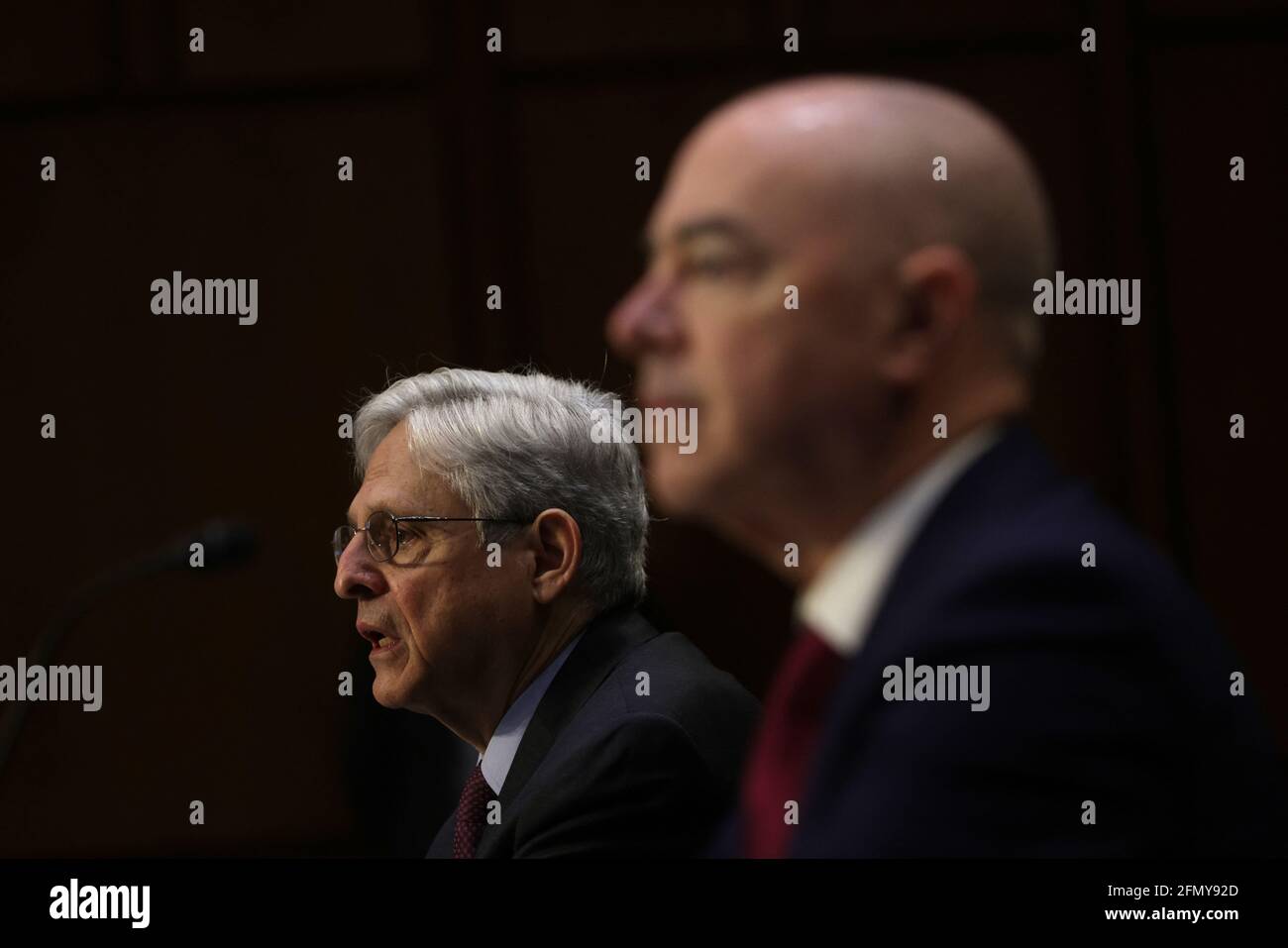 Washington, United States. 12th May, 2021. U.S. Attorney General Merrick Garland (L) and Homeland Security Secretary Alejandro Mayorkas (R) testify during a hearing before the Senate Appropriations Committee at Hart Senate Office Building on May 12, 2021 on Capitol Hill in Washington, DC. The committee held a hearing on âÂ€ÂœDomestic Violent Extremism in America.âÂ€Â Photo by Alex Wong/Pool/ABACAPRESS.COM Credit: Abaca Press/Alamy Live News Stock Photo