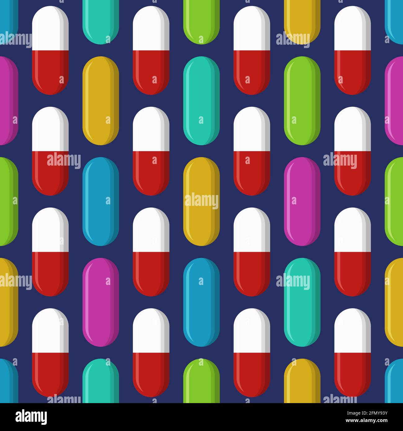 Vector seamless pattern with pills, tablets of different colors, isolated on dark blue background. Medical preparations. Flat design. Color. Stock Vector
