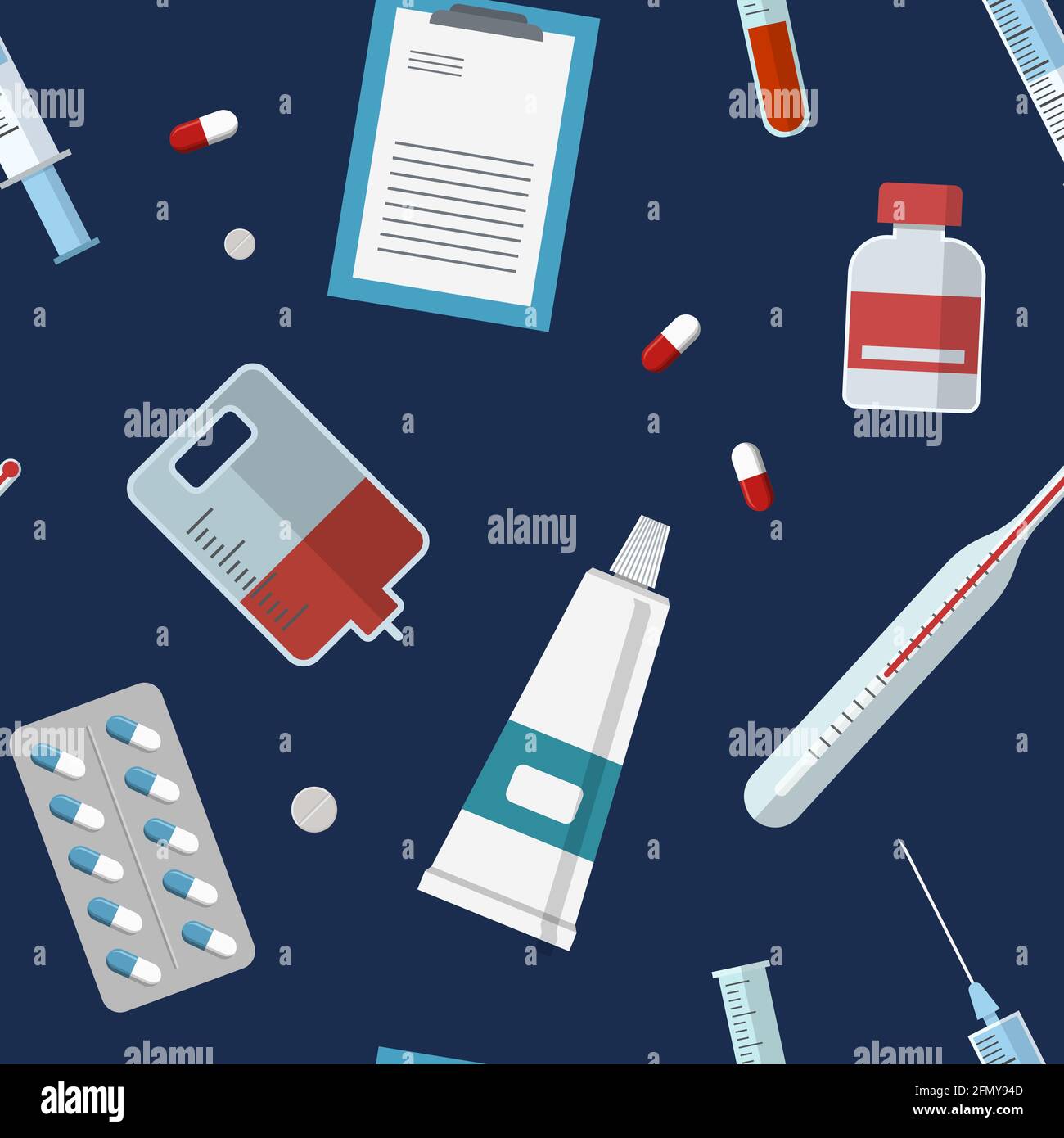 Seamless pattern with medical icons. Hospital signs. Vial, pills ...
