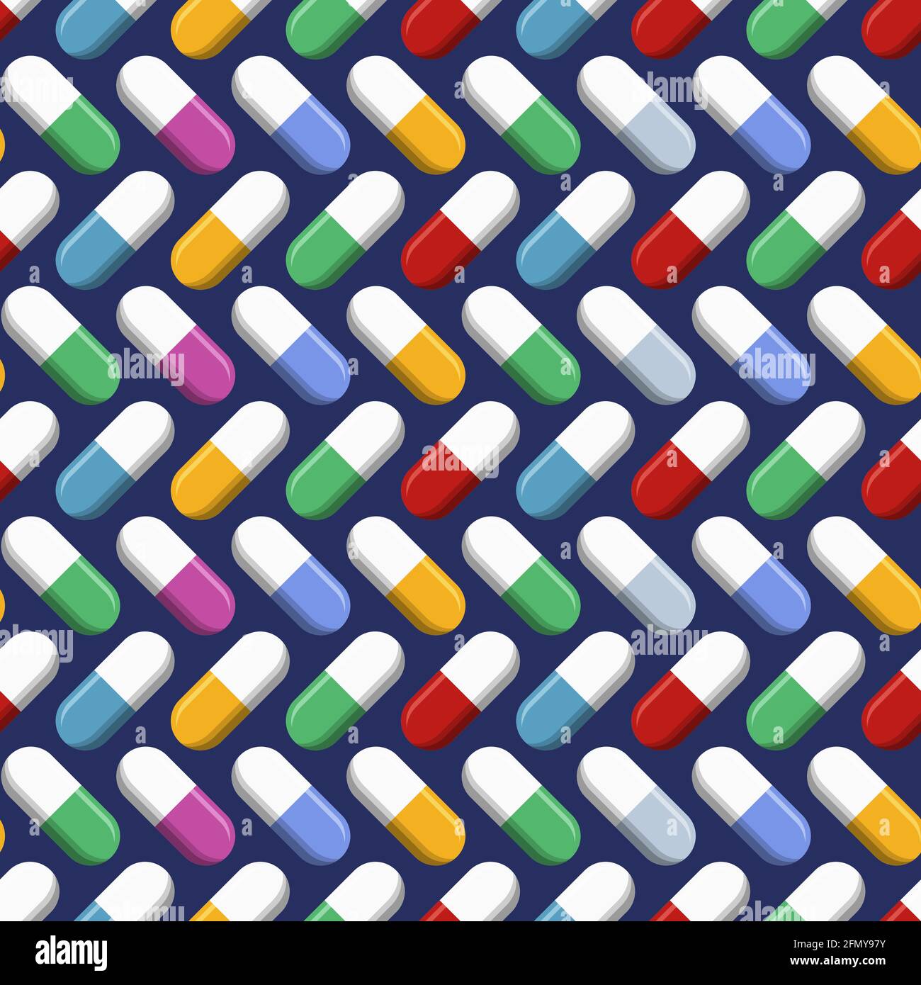 Vector seamless pattern with pills, tablets of different colors, isolated on dark blue background. Medical preparations. Flat design. Stock Vector