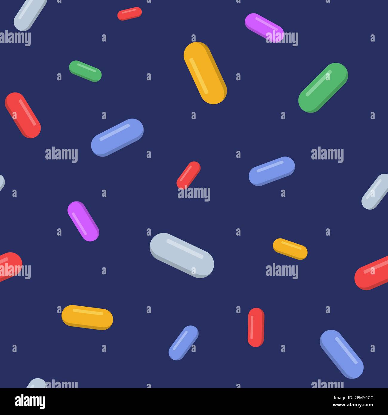 Vector seamless pattern with color pills, tablets, isolated on dark blue background. Medical preparations. Flat design. Color illustration. Stock Vector
