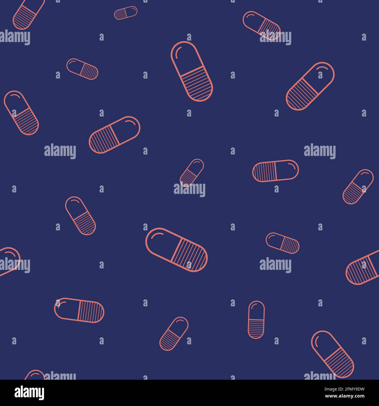 Vector seamless pattern with red color pills, tablets, isolated on dark blue background. Medical preparations. Linear style. Outline icons. Stock Vector