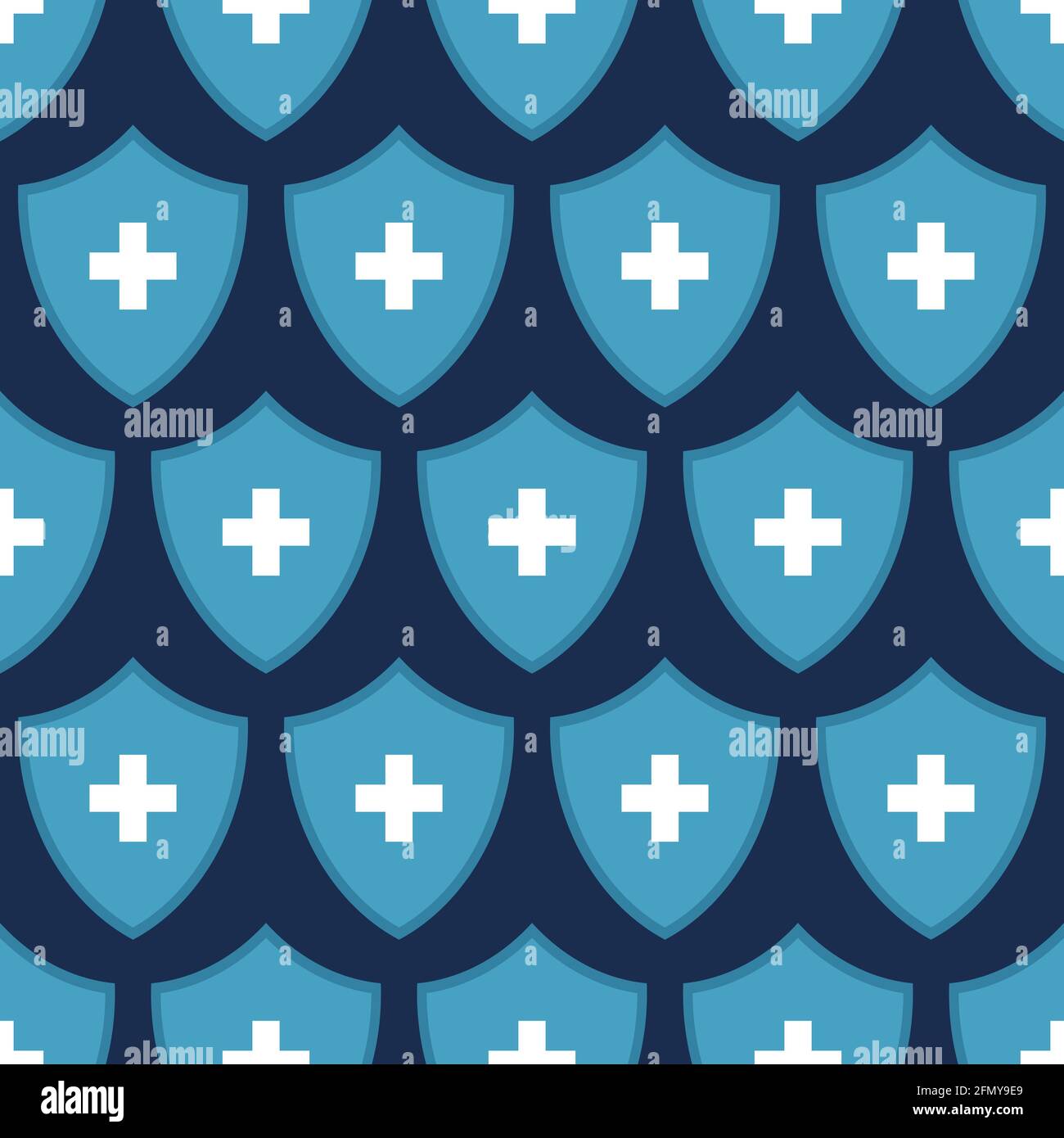 Seamless vector pattern of blue shields with white crosses, isolated on dark background. Health protection concept. Shield icon for health. Stock Vector