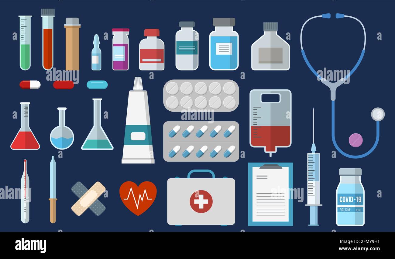 Set of medical equipment, pharmacy items. Flat style icons, isolated on  dark background. Syringe, plaster, test tubes, pills, stethoscope, dropper  Stock Vector Image & Art - Alamy