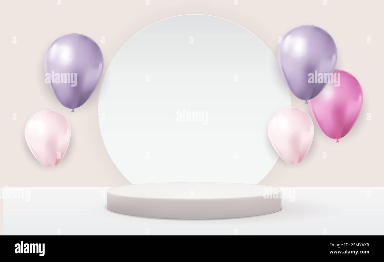 Realistic 3d white pedestal over light pastel natural background with balloons. Trendy empty podium display for cosmetic product presentation, fashion Stock Vector