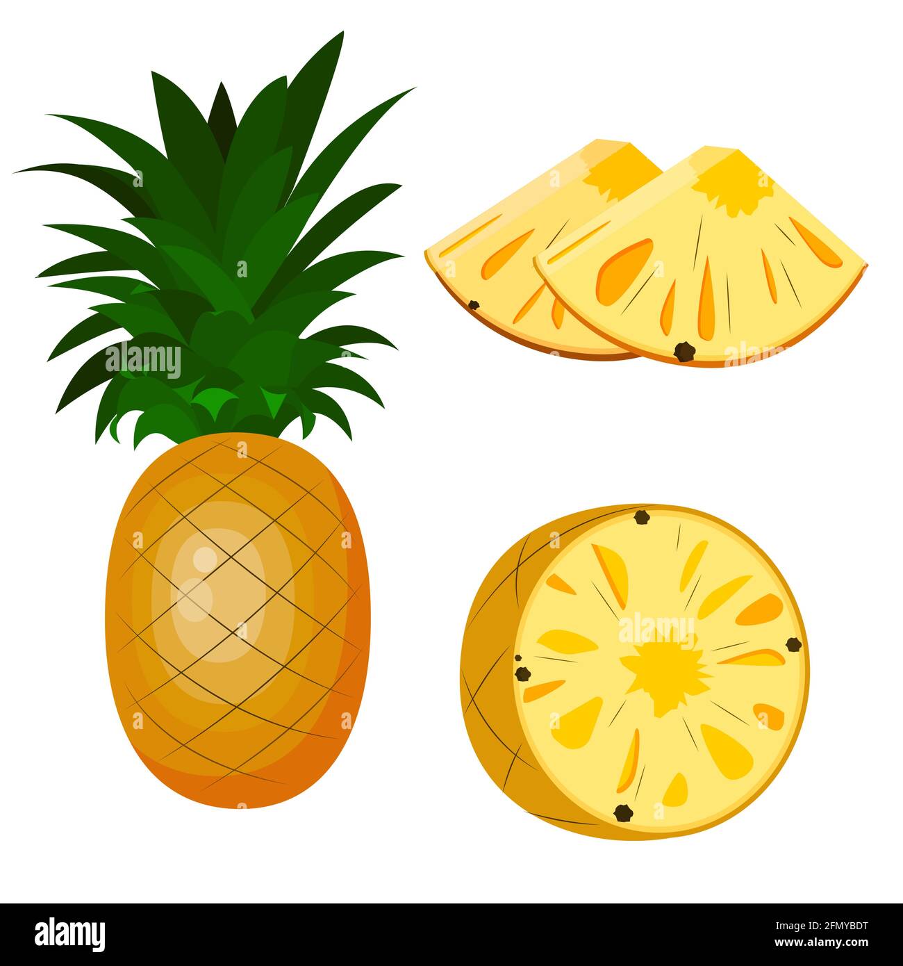 pineapple, whole, half pineapple and pieces. vector isolated on white background. Stock Vector