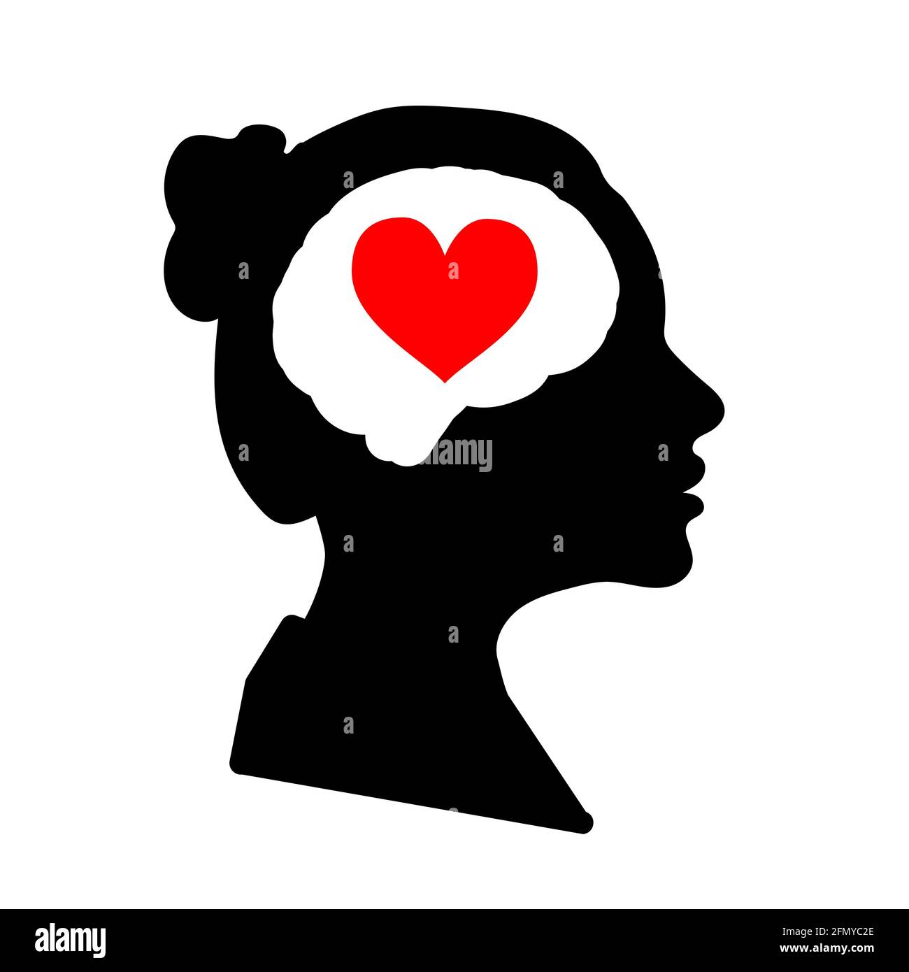 Black detailed woman face profile with red heart in brain isolated on white Stock Vector