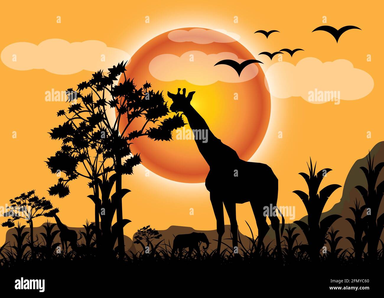 Giraffe in savannah on a shiny evening. high trees and  African elephants and other animals in the background. vector illustrator Stock Photo