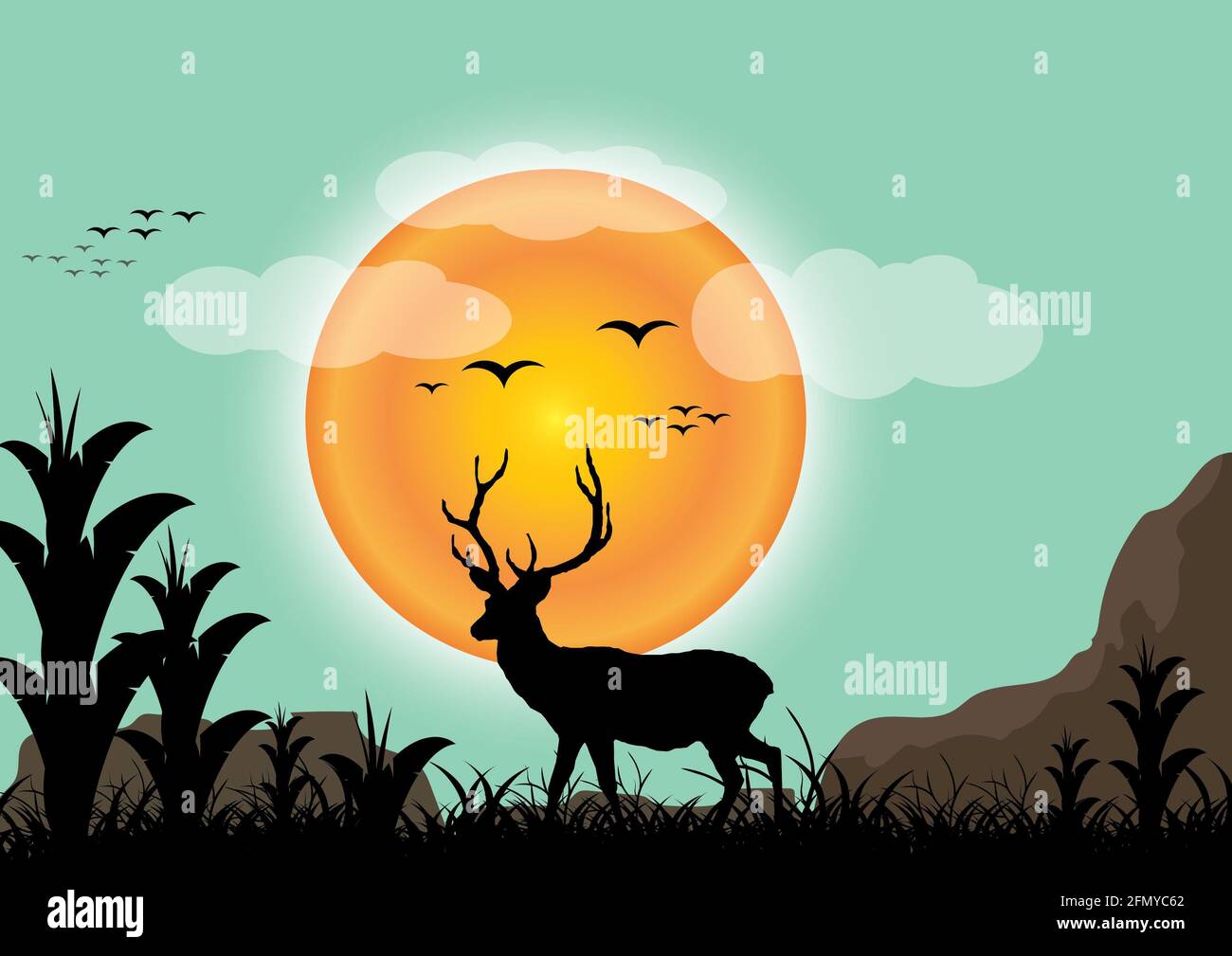 Deer Sunset Illustrations & Vectors