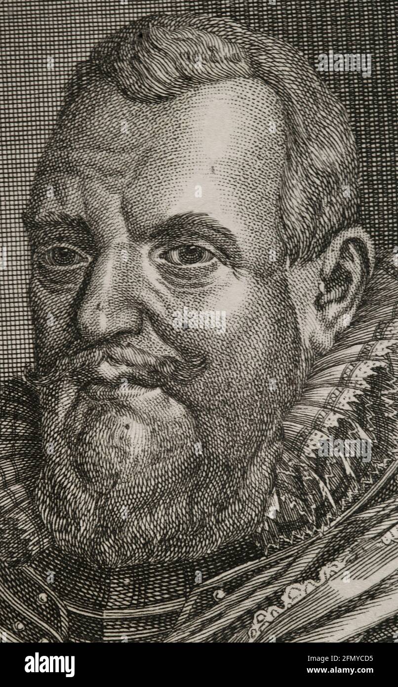 William Louis (1560-1620). Count of Nassau-Dillenburg. The eldest son of John VI of Nassau-Dillenburg. Stadtholder of Friesland, Drenthe and Groningen. He commanded the Dutch States Army Portrait. Engraving, detail. Wars of Flanders. Edition published in Antwerp, 1748. Stock Photo