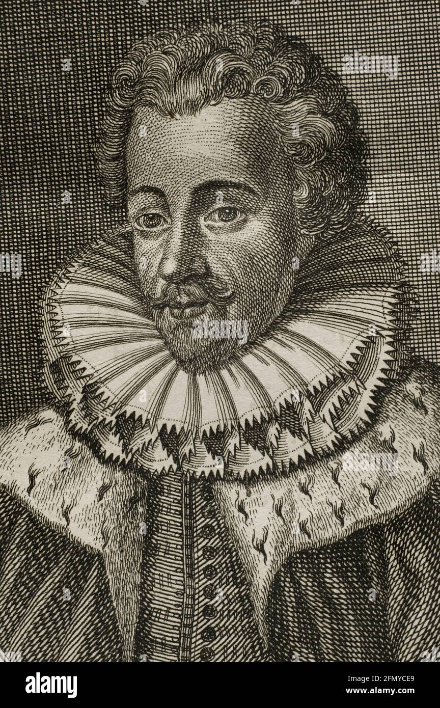 Francis of Anjou (1554-1584). French prince. Duke of Anjou and Alencon. Engraving. Detail. Wars of Flanders. Edition published in Antwerp, 1748. Stock Photo