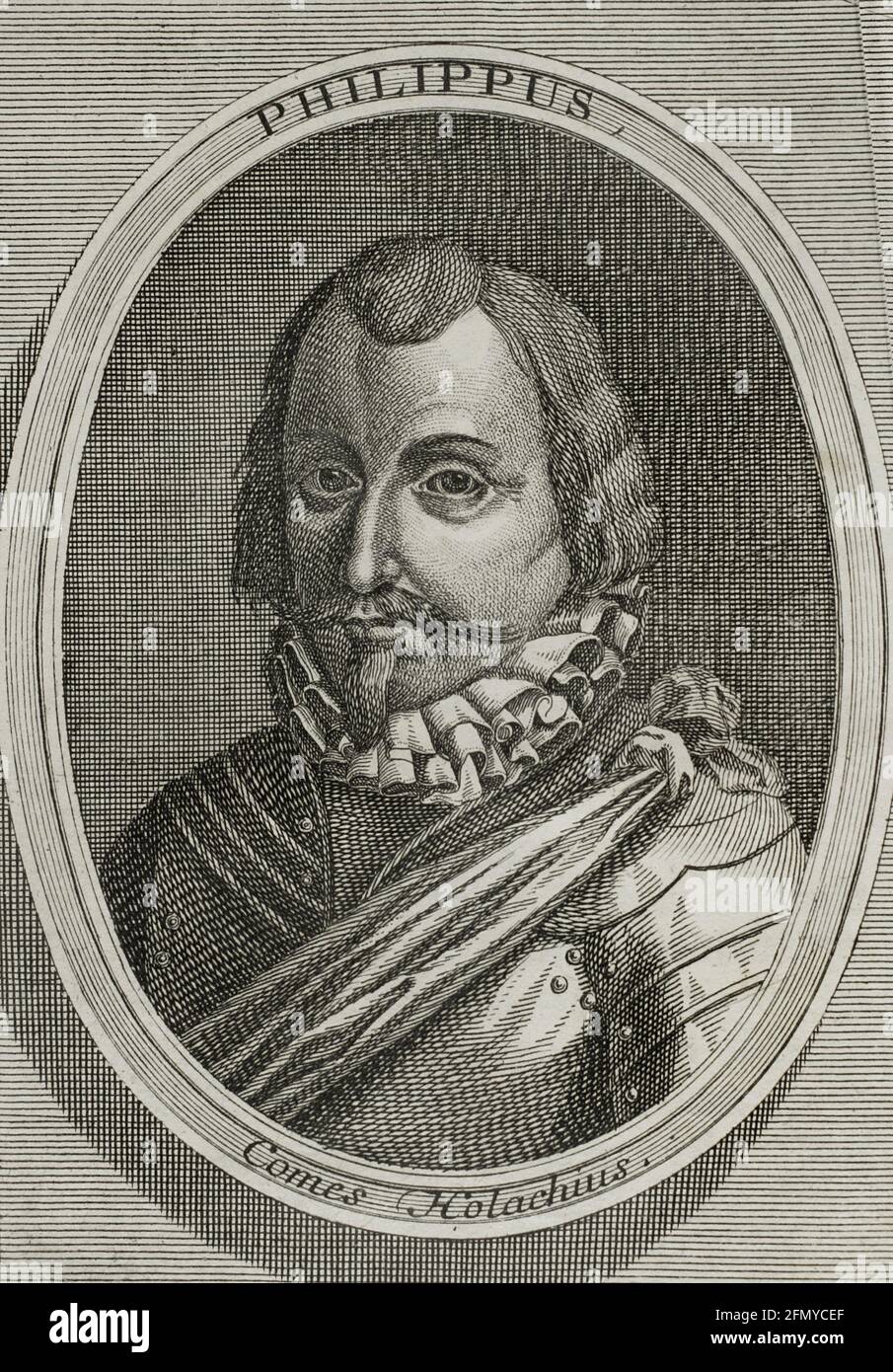 Philip of Hohenloe-Neuenstein (1550-1606), called Hollock. Count of Hohenloe-Langenburg. Dutch army commander in the service of the United Provinces of the Netherlands. Portrait. Engraving. Wars of Flanders. Edition published in Antwerp, 1748. Stock Photo