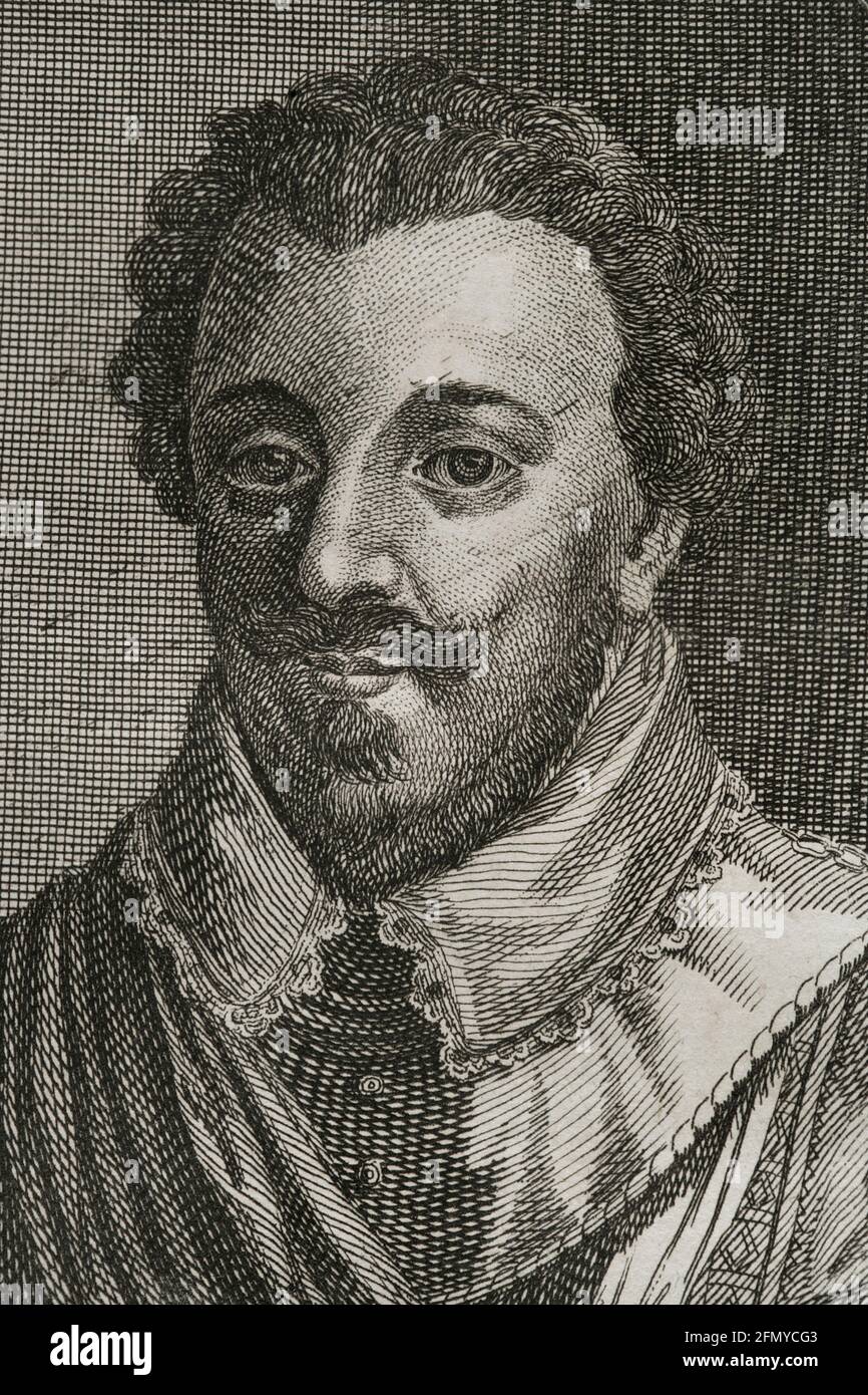 Charles of Lorraine, Duke of Mayenne (1554-1611). French nobleman. Military leader of the Catholic League. Portrait. Engraving, detail. Wars of Flanders. Edition published in Antwerp, 1748. Stock Photo