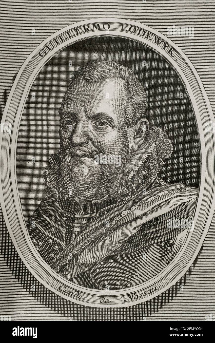 William Louis (1560-1620). Count of Nassau-Dillenburg. The eldest son of John VI of Nassau-Dillenburg. Stadtholder of Friesland, Drenthe and Groningen. He commanded the Dutch States Army Portrait. Engraving. Wars of Flanders. Edition published in Antwerp, 1748. Stock Photo