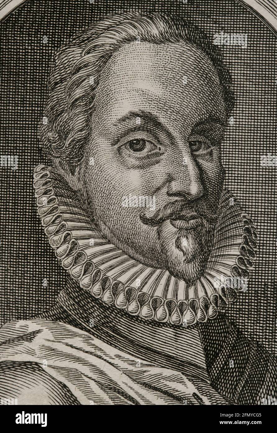 Adolf van Nieuwenaar (1545-1589). Count of Limburg and Moers. Stadtholder of Guelders, Utrecht and Overijssel for the States General of the Netherlands during the Eighty Years' War. Portrait. Engraving, detail. Wars of Flanders. Edition published in Antwerp, 1748. Stock Photo