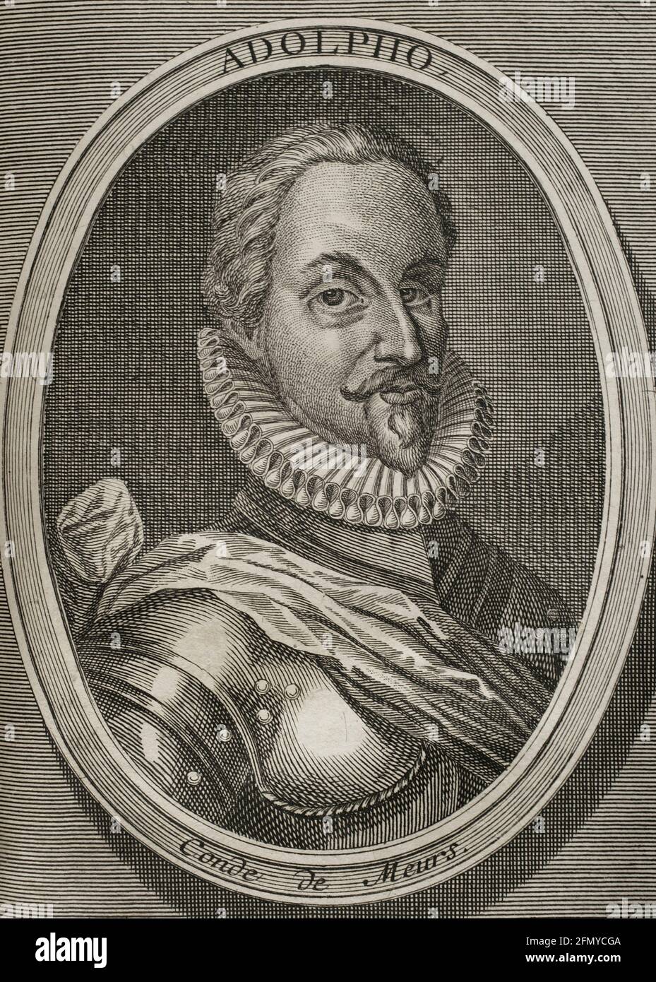 Adolf van Nieuwenaar (1545-1589). Count of Limburg and Moers. Stadtholder of Guelders, Utrecht and Overijssel for the States General of the Netherlands during the Eighty Years' War. Portrait. Engraving. Wars of Flanders. Edition published in Antwerp, 1748. Stock Photo