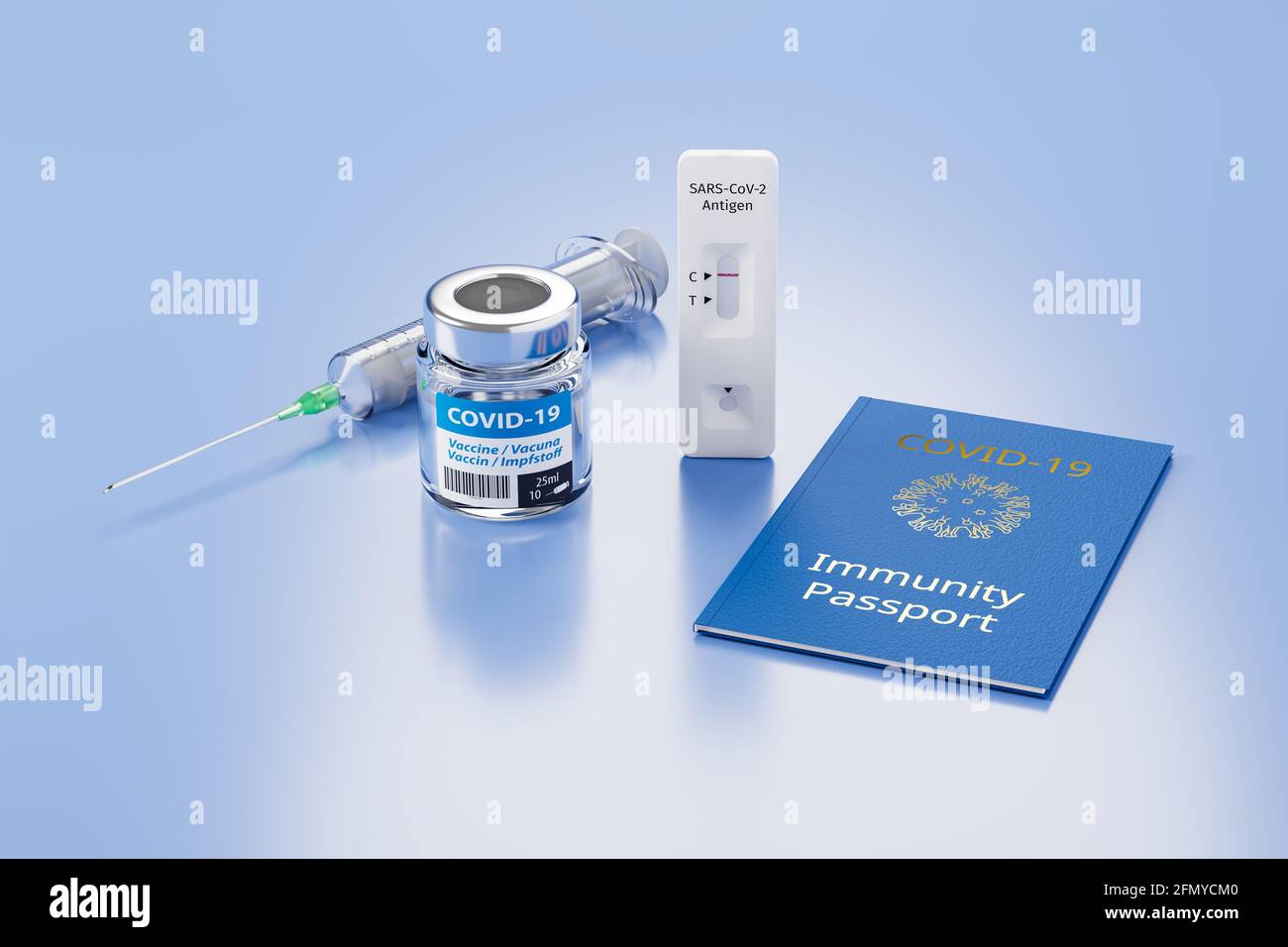 Immunity Passport concept: A vial of Covid-19 vaccine, a syringe, a negative antigen rapid test and an immunity passport mockup on a blue surface. Stock Photo