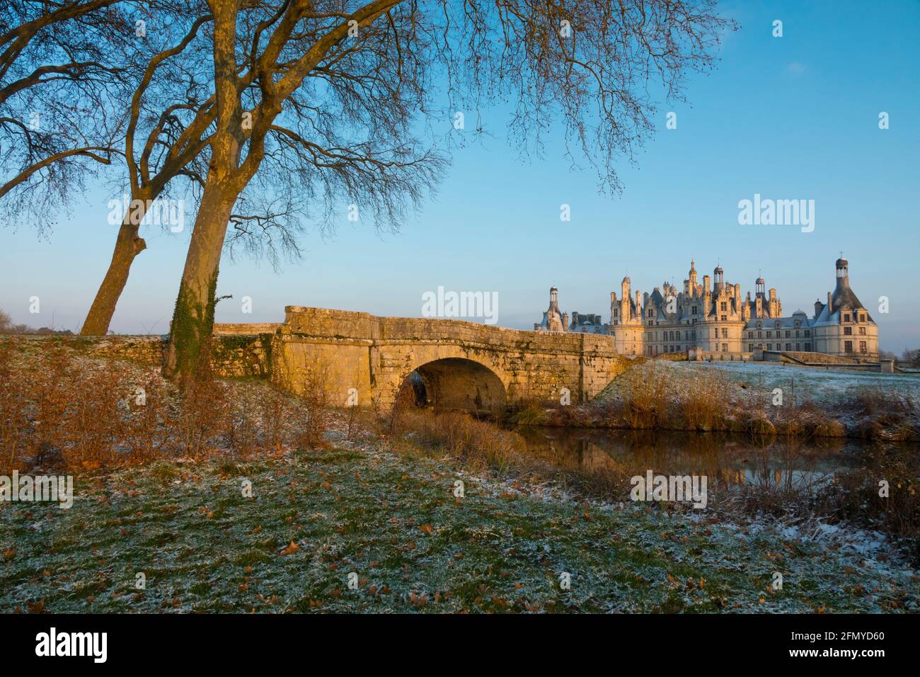 France, Loir-et-Cher (41), Chambord (UNESCO World Heritage), royal castle of the Renaissance, after the snowfall, Cosson canal Stock Photo