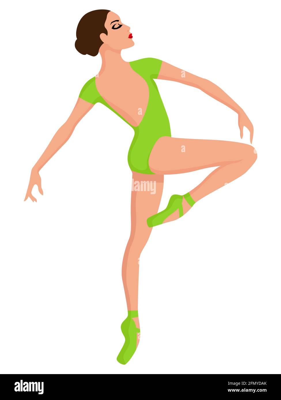 Elegant Ballerina In Bright Green Leotard With Pointe Shoe Hand Drawing Vector Isolated On The 