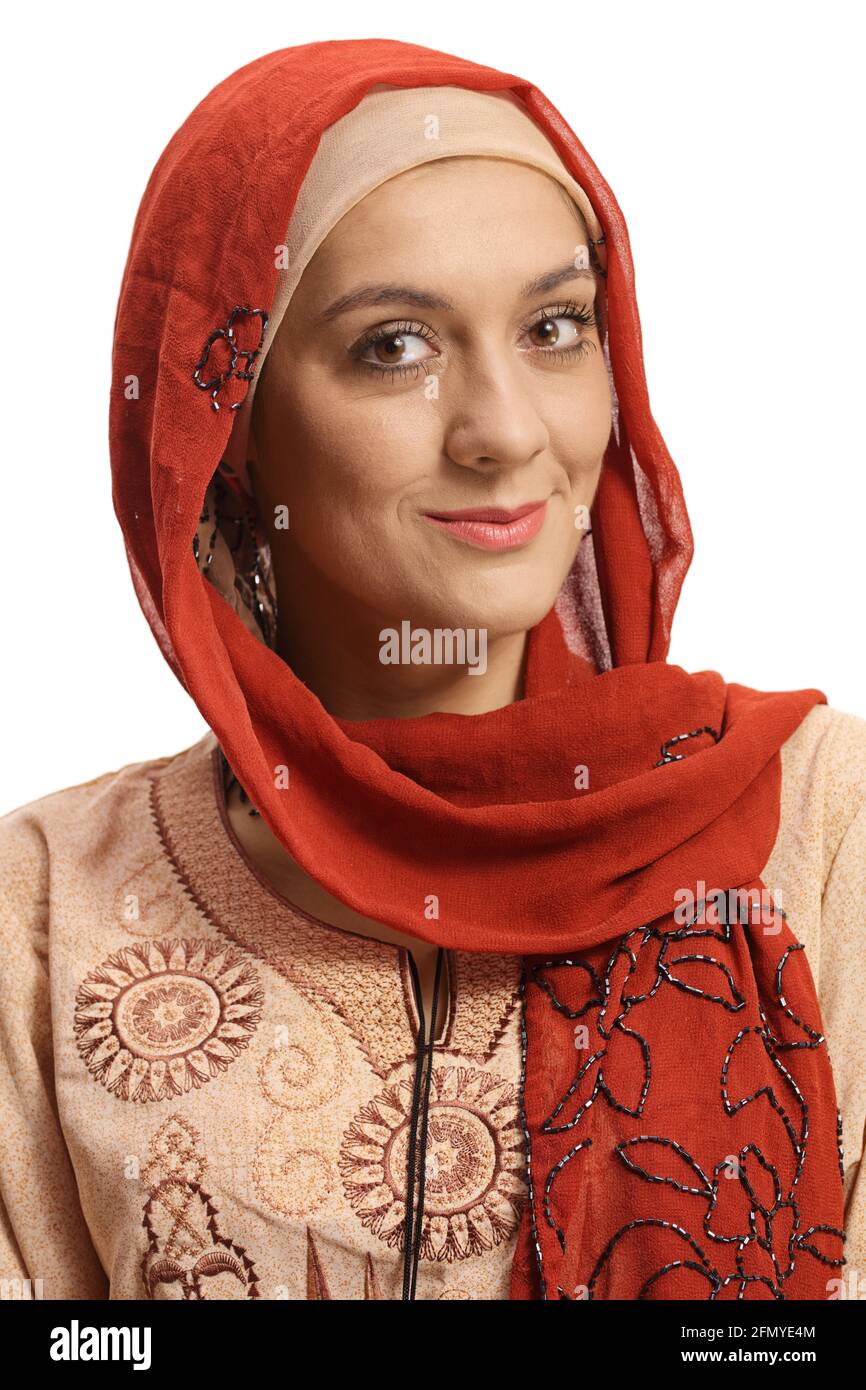 Close up portrait of a young muslim woman isolated on white background ...