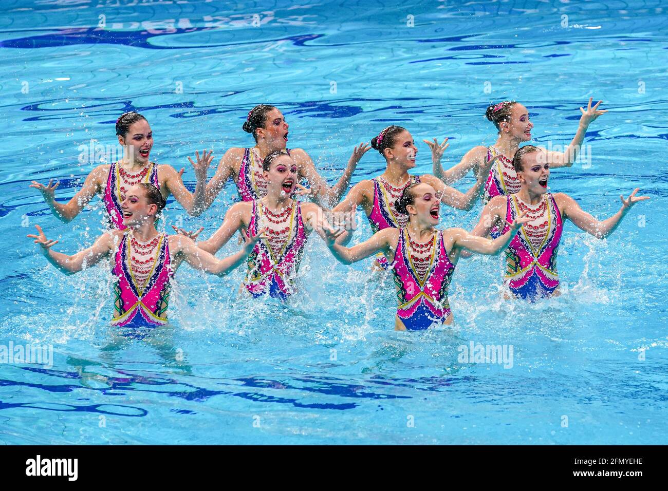 Budapest, Hungary. 12th May, 2021. BUDAPEST, HUNGARY - MAY 12: Vlada Chigireva, Marina Goliadkina, Veronika Kalinina, Svetlana Koleshnichenko, KOMAR Polina Komar, Svetlana Romashina, Alla Shishkina, Mariia Shurochkina all of Russia competing at the Team Technical Final during the LEN European Aquatics Championships Artistic Swimming at Duna Arena on May 12, 2021 in Budapest, Hungary (Photo by Andre Weening/Orange Pictures) Credit: Orange Pics BV/Alamy Live News Stock Photo