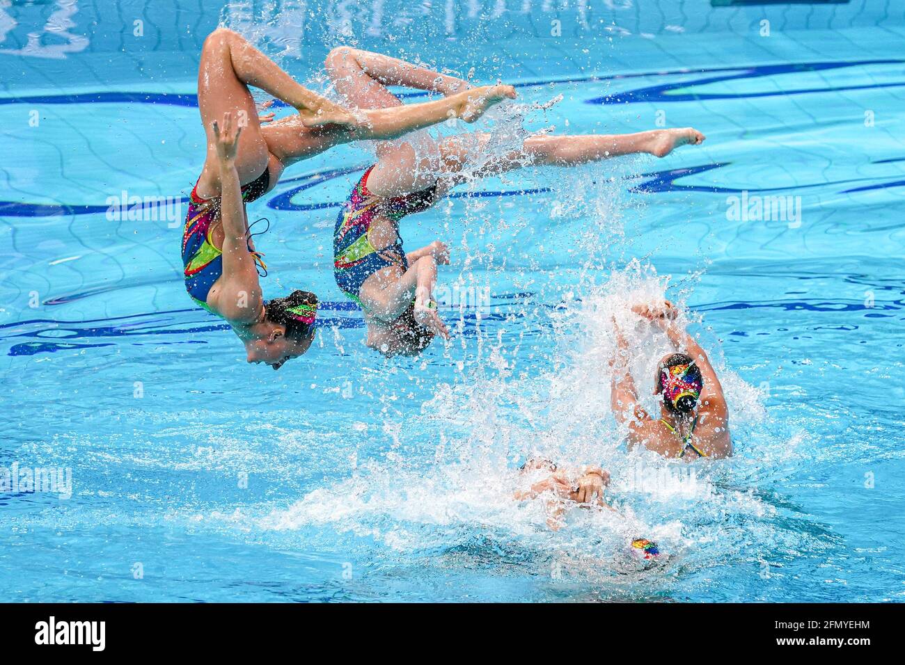 Budapest, Hungary. 12th May, 2021. BUDAPEST, HUNGARY - MAY 12: Eden Blecher, Shelly Bobritsky, Maya Dorf, Noy Gazala, Catherine Kunin, Nikol Nashonov, Ariel Nassee, Polina Prikazchikova all of Israel competing at the Team Technical Final during the LEN European Aquatics Championships Artistic Swimming at Duna Arena on May 12, 2021 in Budapest, Hungary (Photo by Andre Weening/Orange Pictures) Credit: Orange Pics BV/Alamy Live News Stock Photo