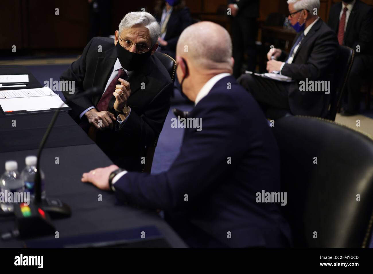 Washington, USA. 12th May, 2021. WASHINGTON, DC - MAY 12: U.S. Attorney General Merrick Garland (L) talks to Homeland Security Secretary Alejandro Mayorkas (R) prior to a hearing before the Senate Appropriations Committee at Hart Senate Office Building on May 12, 2021 on Capitol Hill in Washington, DC. The committee held a hearing on “Domestic Violent Extremism in America.” (Photo by Alex Wong/Pool/Sipa USA) Credit: Sipa USA/Alamy Live News Stock Photo