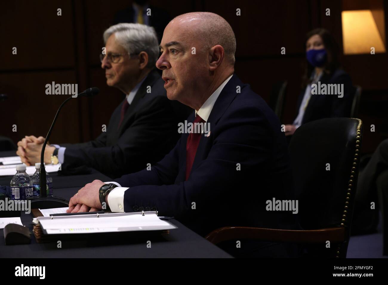 Washington, USA. 12th May, 2021. WASHINGTON, DC - MAY 12: U.S. Attorney General Merrick Garland (L) and Homeland Security Secretary Alejandro Mayorkas (R) testify during a hearing before the Senate Appropriations Committee at Hart Senate Office Building on May 12, 2021 on Capitol Hill in Washington, DC. The committee held a hearing on “Domestic Violent Extremism in America.” (Photo by Alex Wong/Pool/Sipa USA) Credit: Sipa USA/Alamy Live News Stock Photo