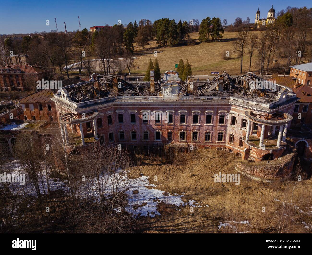 Old abandoned manor Otrada-Semenovskoye in Moscow Region, Russia, aerial view. Stock Photo