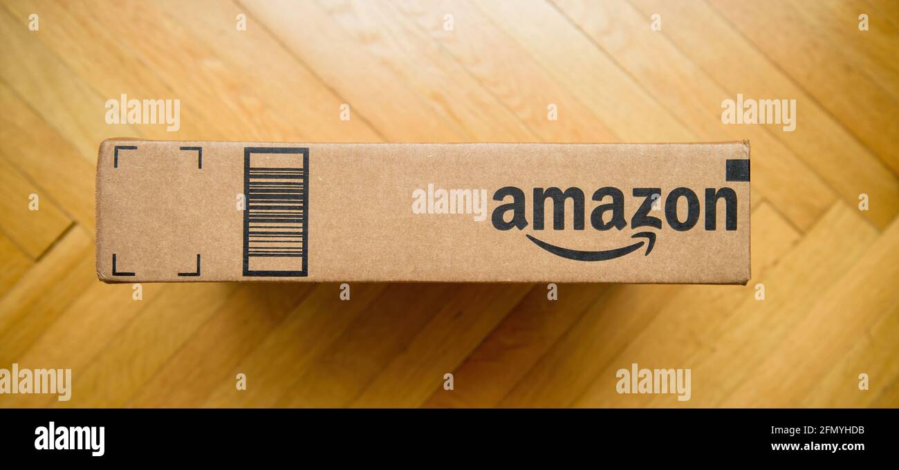 View from above of Amazon prime cardboard carton package Stock Photo