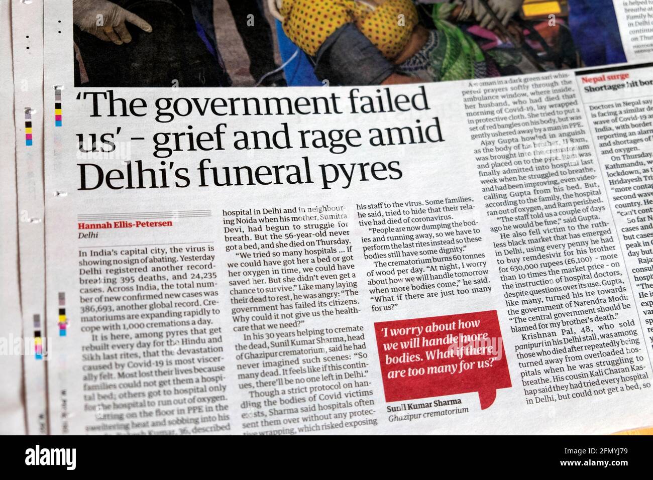 ' 'The government failed us' - grief and rage amid Delhi funeral pyres' newspaper headline article in Guardian on 1May 2021 London Great Britain UK Stock Photo