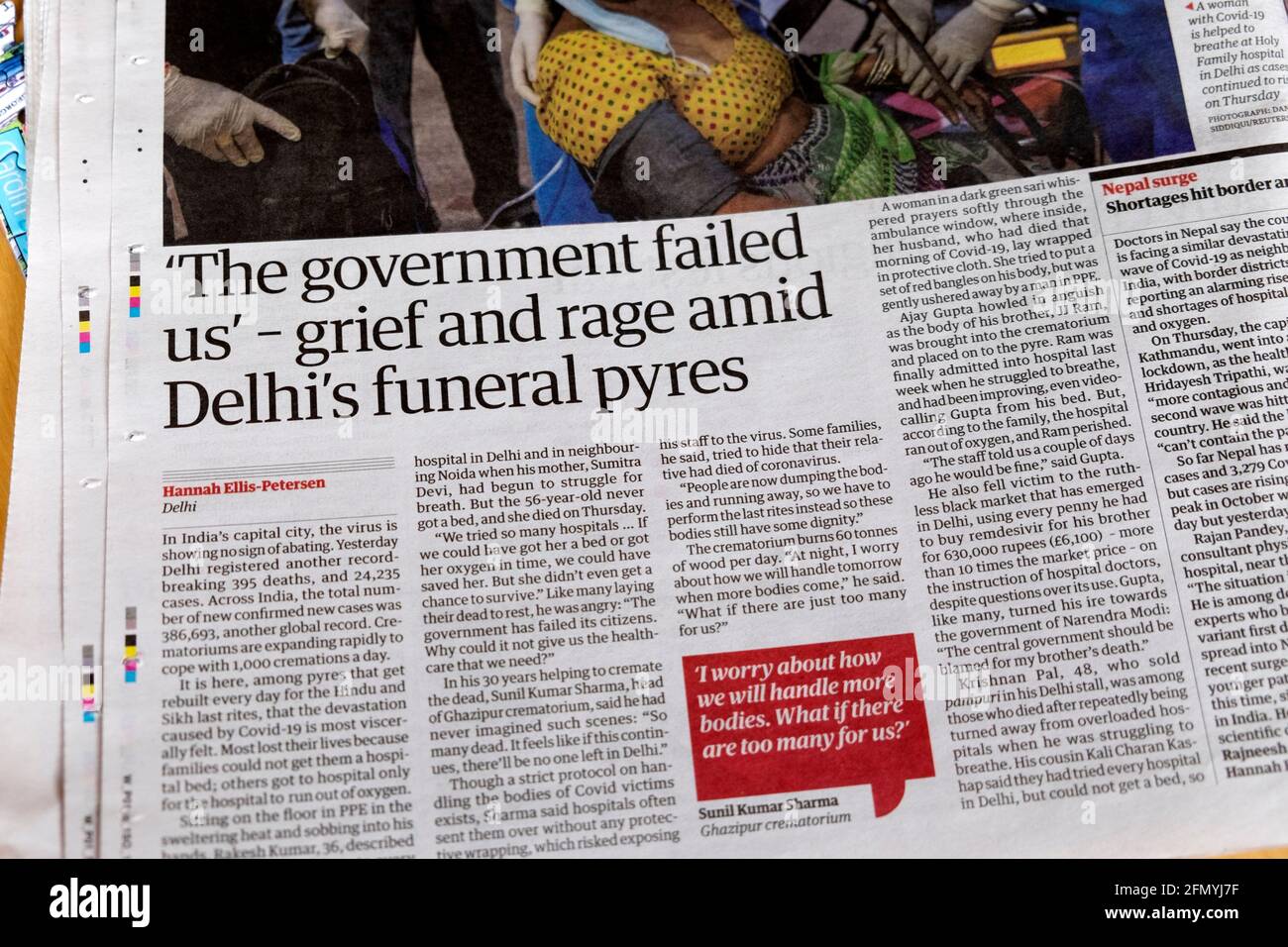 ' 'The government failed us' - grief and rage amid Delhi's funeral pyres' newspaper headline article in Guardian on 1May 2021 London Great Britain UK Stock Photo