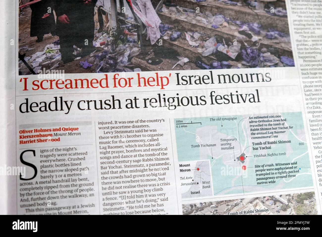 'I screamed for help' "Israel mourns deadly crush at religious festival" newspaper headline Mount Meron article in Guardian on 1 May 2021 London UK Stock Photo