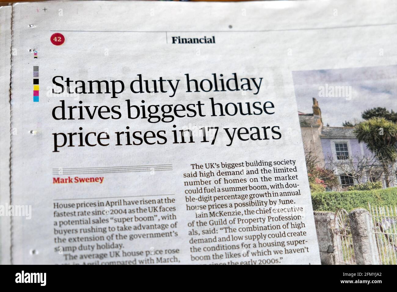 'Stamp duty holiday drives biggest house price in 17 years' newspaper headline in Guardian Financial article on 30 April 2021 London England  UK Stock Photo