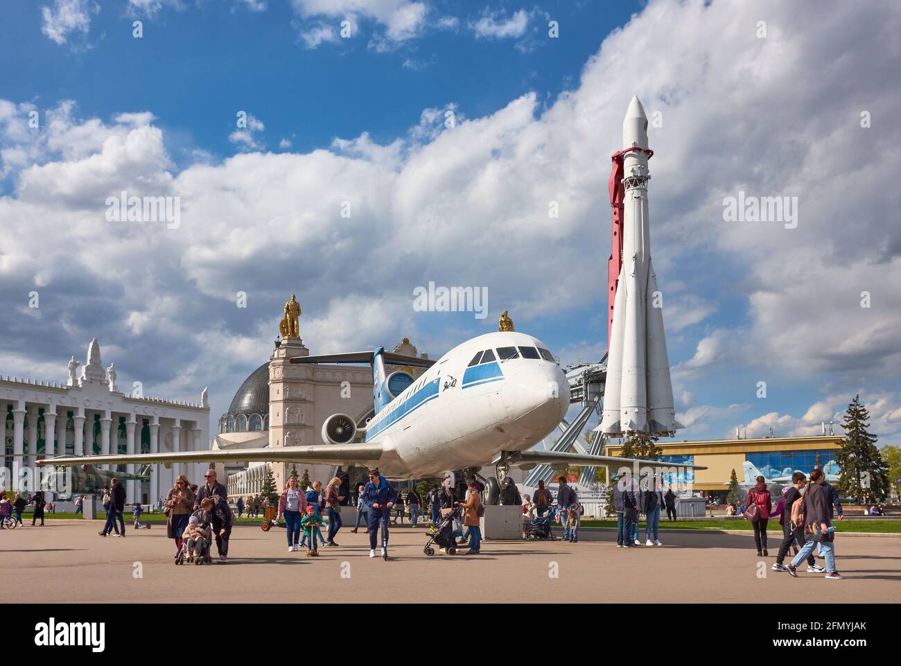 YAK 42 passenger plane, Vostok-1 rocket and pavilion Cosmos, exhibition of achievements of national economy: Moscow, Russia - May 07, 2021 Stock Photo