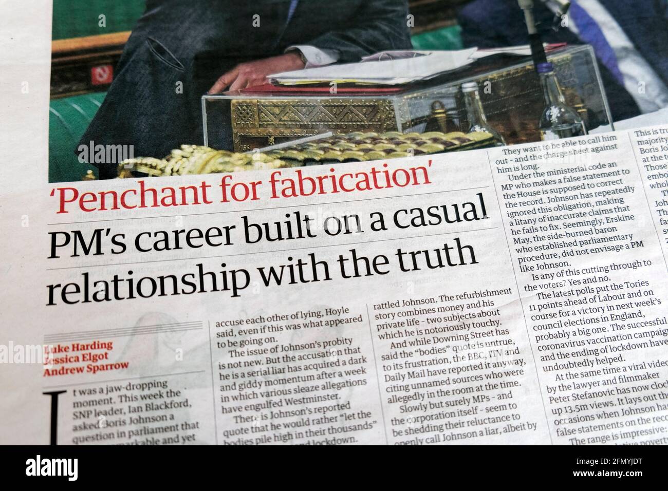 Boris Johnson 'PM's career built on a casual relationship with the truth' Guardian newspaper headline political article on 1 May 2021 in London UK Stock Photo