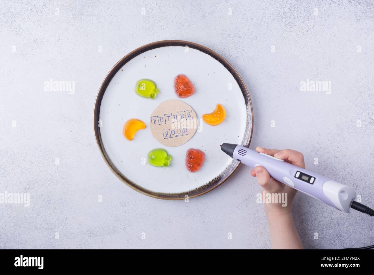 3D printing food concept. 3d pen fruits. Modern additive technologies 4