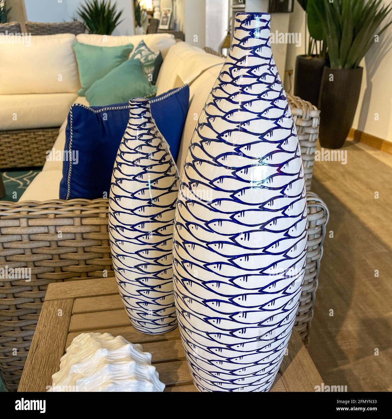 Orlando, FL USA April 10 2021 A knick knack display with vases at a Rooms to Go furniture