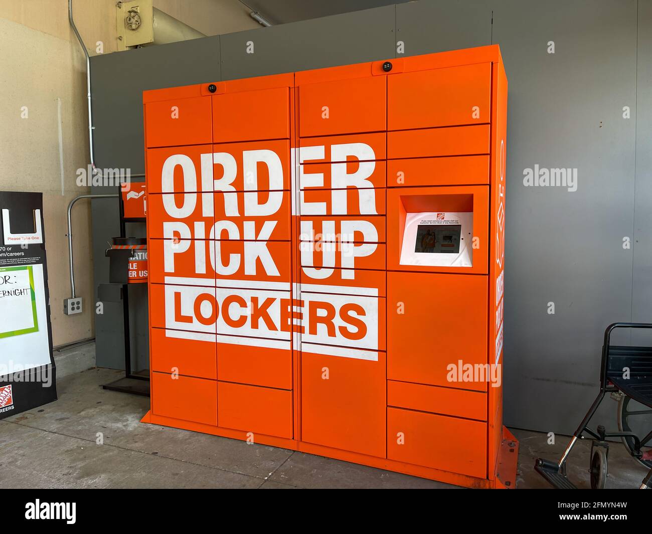 Orlando, FL USA - April 26, 2021:  The order pickup lockers for online orders at a Home Depot Home Improvement Store in Orlando, Florida. Stock Photo