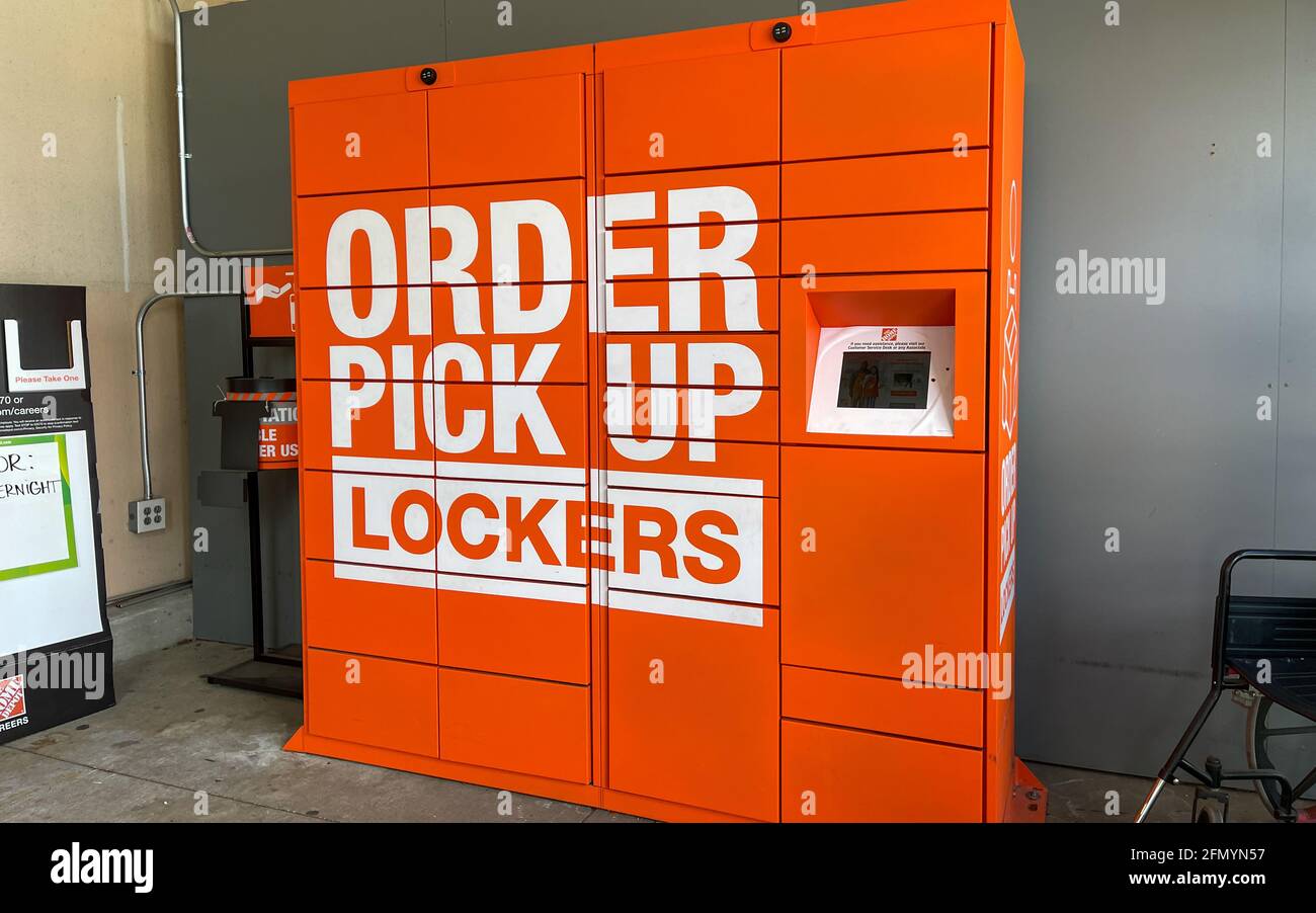 Orlando, FL USA - April 26, 2021:  The order pickup lockers for online orders at a Home Depot Home Improvement Store in Orlando, Florida. Stock Photo