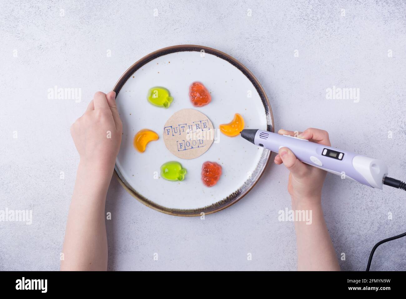 3D printing food concept. 3d pen fruits. Modern additive technologies 4